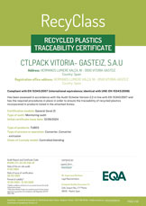 Certificado de Trazabilidad de Plásticos Reciclados